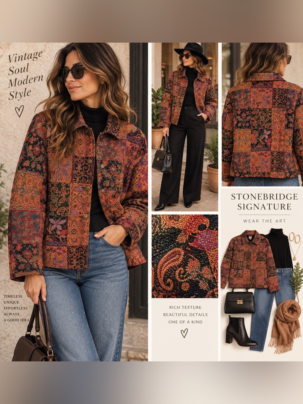 Stonebridge Signature Tapestry Patchwork Jacket Small Boho Jacquard Floral - Picture 2 of 11